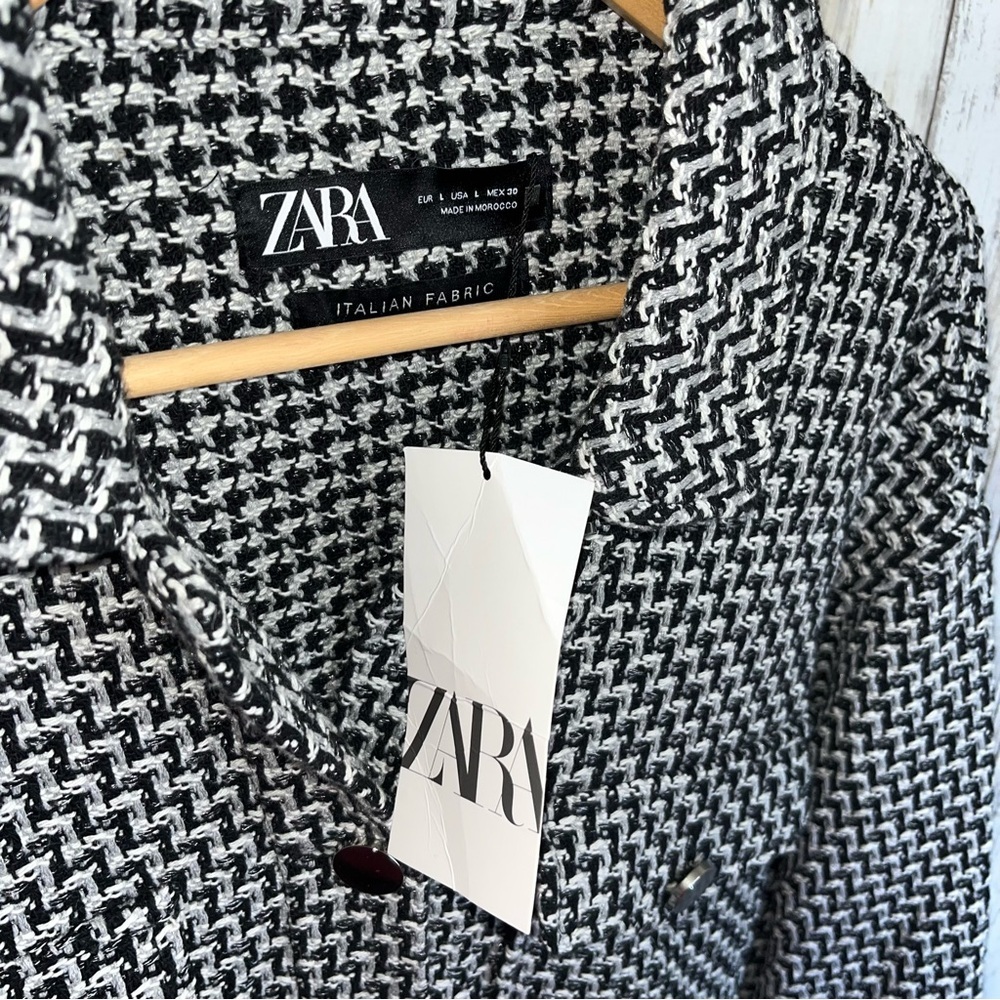 Zara Black White Tweed Shacket Overshirt Jacket Frayed Textured Women Large NWT - Picture 5 of 6